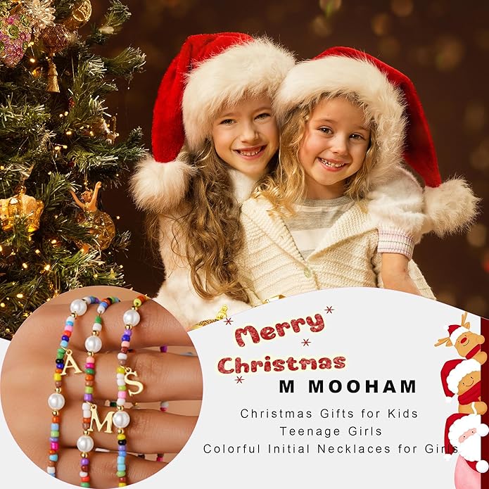 M MOOHAM Colorful Initial Necklaces for Girls Women Kids - Christmas Stocking Stuffers Beaded Pearl Choker Necklace for Women Teen Girl Gifts Trendy Personalized Letter Birthday Gifts Kids Jewelry