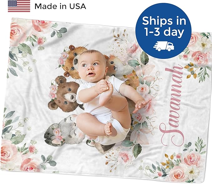MDPrints Custom Baby Blankets for Boys and Girls, Personalized Baby Gifts, Customized Newborn Blanket with Name, Minky Plush Fleece (Woodland VN87)
