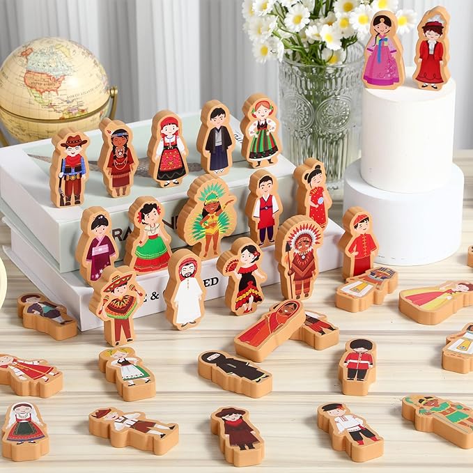 Blosssound 36 Pcs Multicultural Wooden Character Set Small Wooden People Figures Small Diversity Country Couples Wood Blocks for Preschool Classroom Play Games Educational Activity Supplies