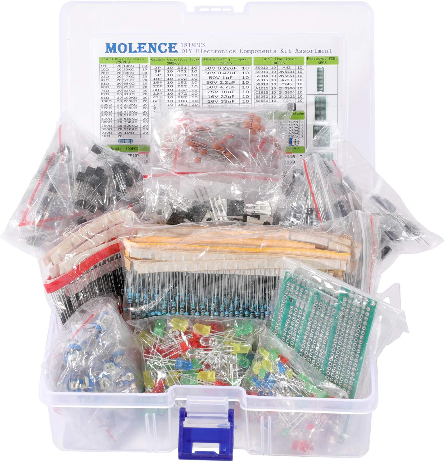 DIY Electronics Components Kit Assortment, Resistors 1818PCS, LED, Triode, Capacitors, Diodes, PCB, Potentiometer, Variable Resistance, Stabilivolt for Arduino UNO MEGA2560 Raspberry Pi MCU