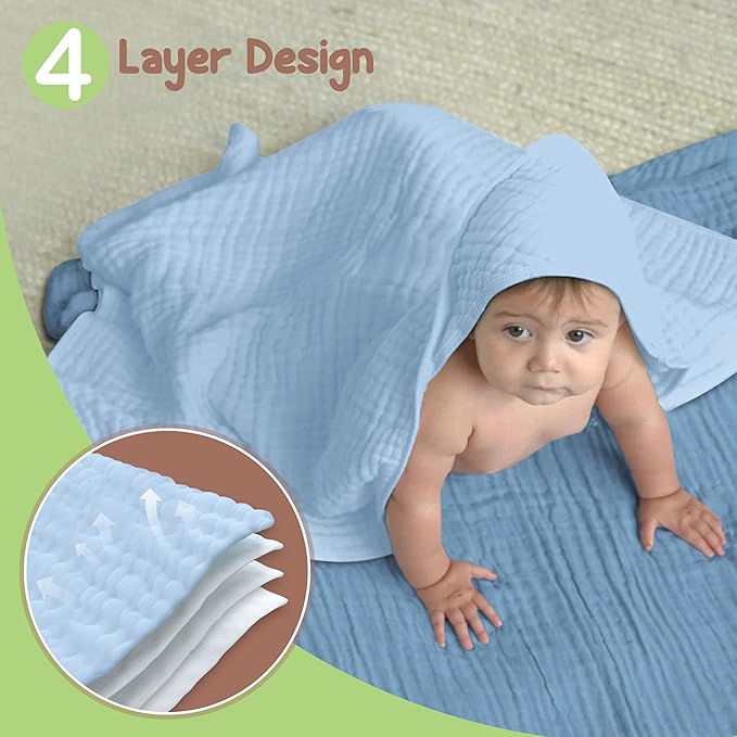 Organic Cotton Muslin Baby Hooded Towels - 32x32 Inch, 2 Pack Newborn Bath Towels for Boys & Girls, Soft & Absorbent Bath Set (Deep Blue/Aquarius)