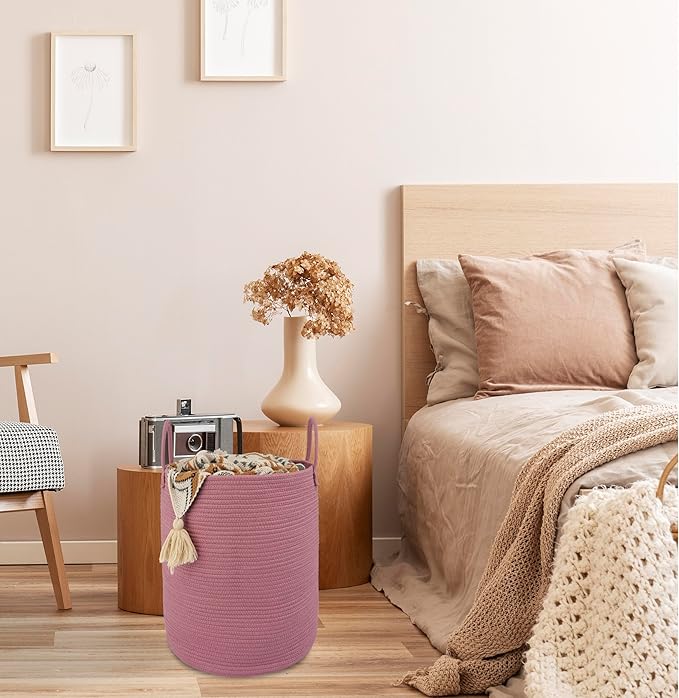 Cotton Rope Laundry Basket Hamper for Clothes Woven Storage Basket for Living Room Bedroom Boho Tall Rope Baskets for Blanket Toys Pillow Towels Baby Nursery Hamper Bin grape purple