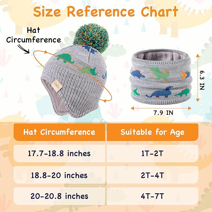 Beanie Knit Hats for Toddlers with Earflap Fleece Lined Hat Kids Warm Winter Hat Scarf Set Children's Thick Ski Cap