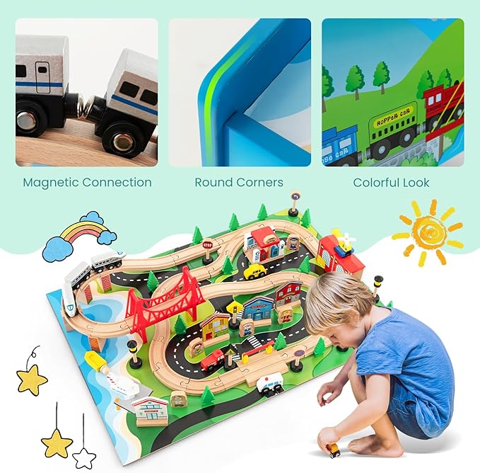 GLACER 80-Piece Train Table, Large Multipurpose Wooden Toy Activity Table Playset with Reversible Detachable Tabletop, Railway Tracks, Trains, Cars, DIY Design, Gift for Boys Girls Age 3+, Multi-Color