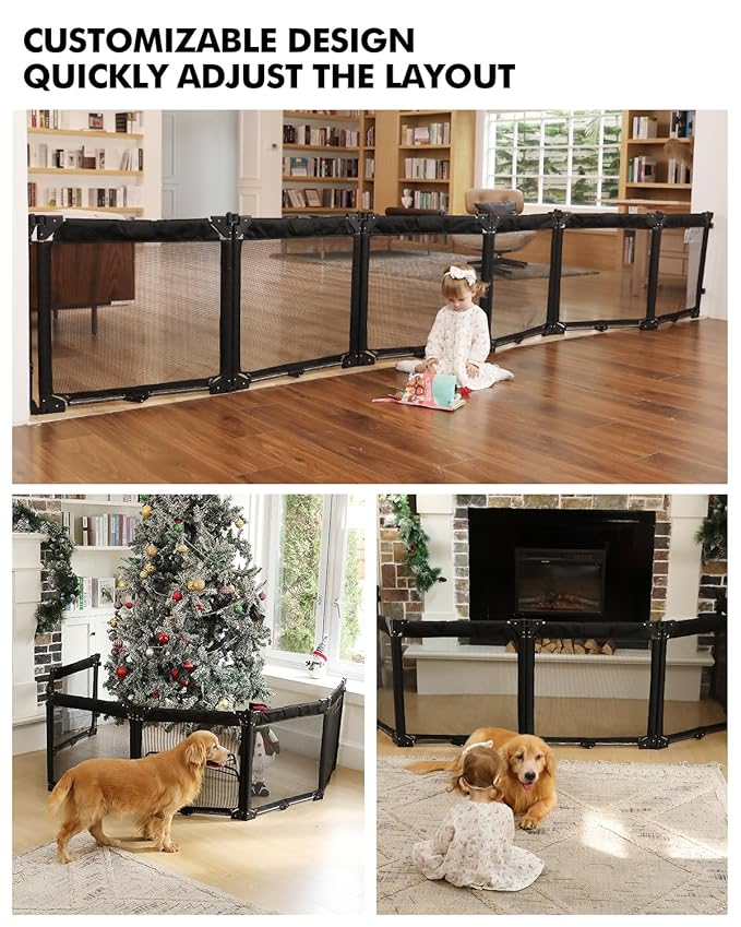 Extra Wide Baby Gate Playpen with Heat-Resistant Mesh,6 Panel Foldable Baby Fence,Indoor/Outdoor Safety Barrier,Dog Playpen & Fireplace Gate