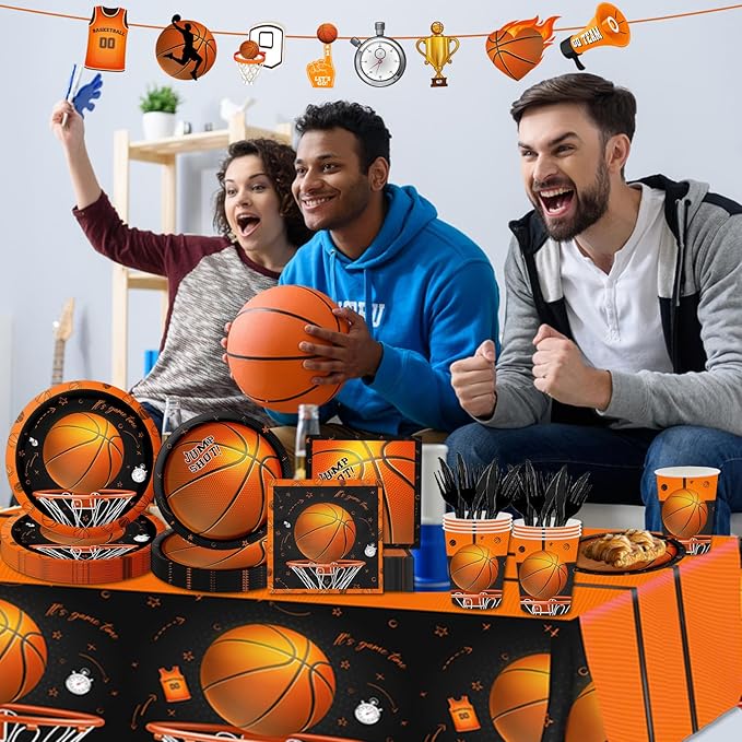 Basketball Party Supplies, 142Pcs Basketball Sports Theme Birthday Party Supplies Tableware Set,Include Basketball Plates and Napkins,Cups,Banner,Tablecloth for Basketball Birthday Decorations