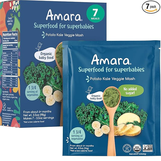Amara Organic Baby Food - Stage 2 - Kale Potato - Baby Cereal to Mix With Breastmilk, Water or Baby Formula - Shelf Stable Baby Food Made from Organic Fruit and Veggies - 7 Pouches, 3.5oz Per Serving