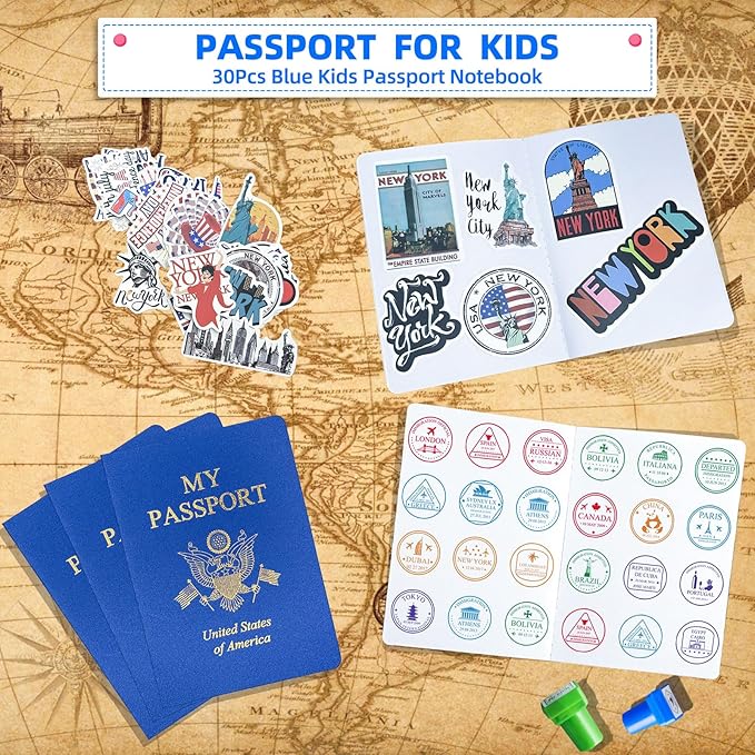 100 Pcs Blank Passport Notebook Blue Passport Book Fake Passport Travel Journal Sticker Collection Book for Kids School Projects World Travel Pretend Activity Party Favors, 5.51x3.9 Inch