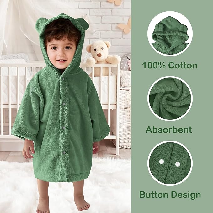 VOOVA & MOVAS Baby Hooded Towel with Bear Ear, 0-3Years | 100% Cotton, Ultra-Soft & Absorbent | Gentle for Sensitive Skin, Bath, Pool & Beach Poncho Towel | Newborn (Green)