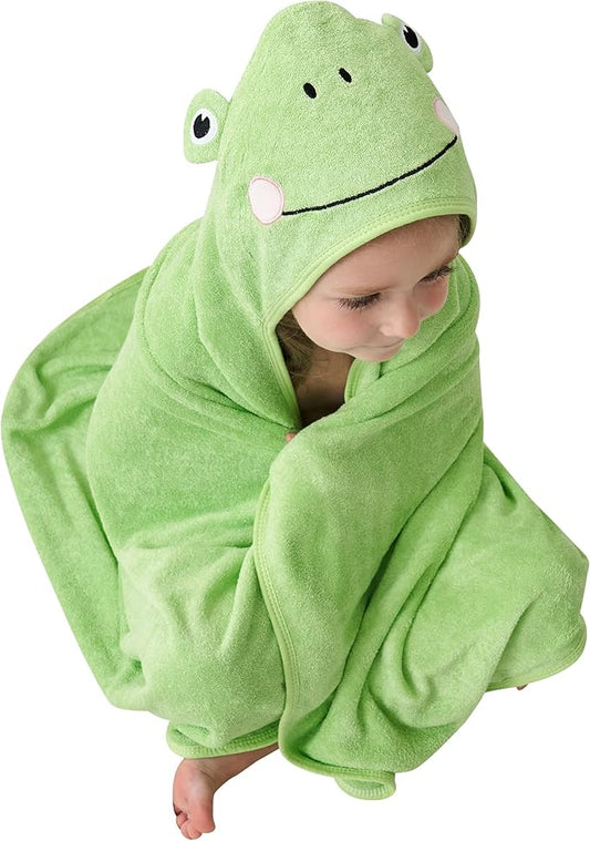 HIPHOP PANDA Hooded Towel - Rayon Made from Bamboo, Bath Towel with Bear Ears for Newborn, Babie, Toddler, Infant - Absorbent Large Baby Towel - Frog, 30 x 30 Inch