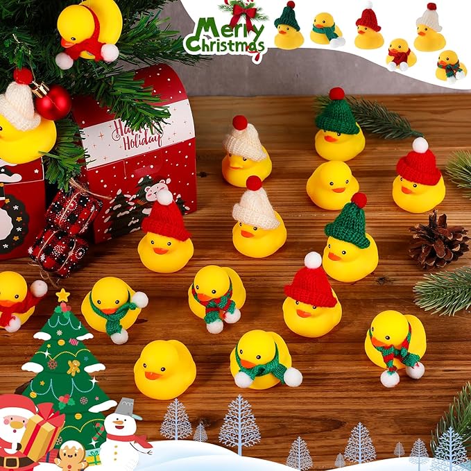 Jerify 72 Pieces Christmas Rubber Ducks with Classic Knitting Hats and Stripe Scarves Mini Cute Yellow Duck for Xmas Swimming Pool Birthday Party Bath Baby Shower