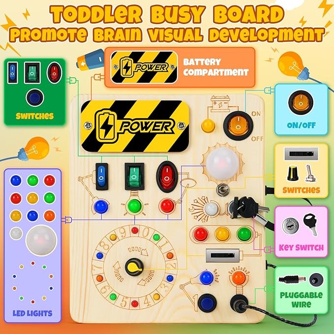 Busy Board, Montessori Toys for 1+ Year Old, Busy Board with 13 Led Light, Wooden Toddler Educational Travel Toy, 1 Year Old Boy&Girl Gifts