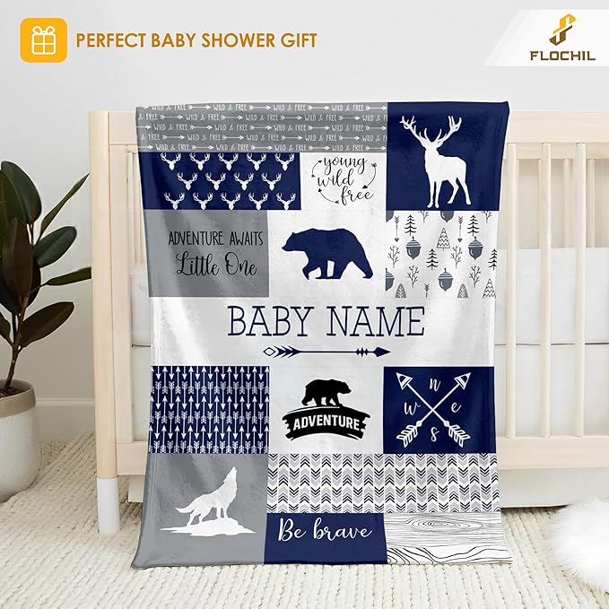 Personalized Baby Blankets, Custom Baby Blanket - Baby Blanket with Name for Boys, Best Gift for Baby, Newborn Elephants Flush Fleece (30x40) (Woodland 3)