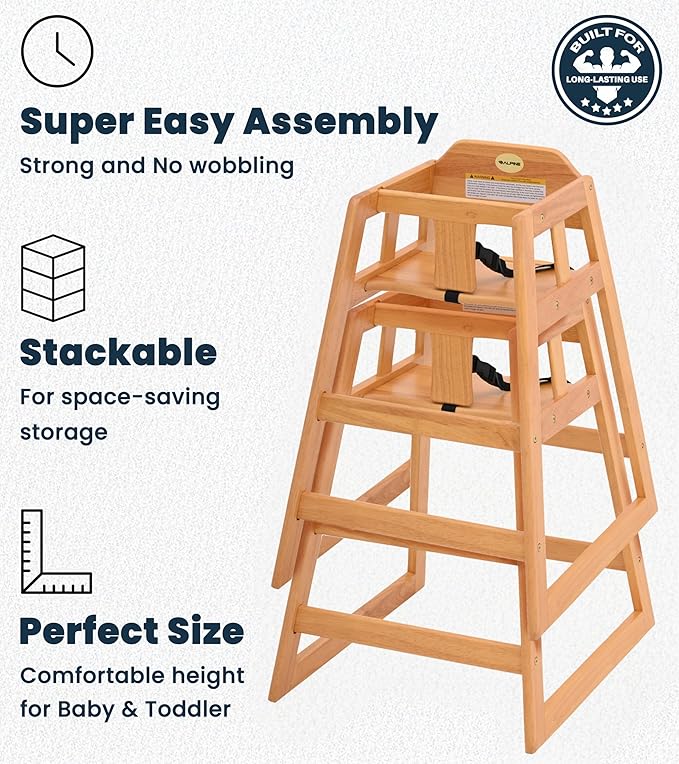 Alpine Wooden High Chairs for Babies and Toddlers with Safety Strap, Commercial Grade Restaurant High Chair, Durable Wood Space Saver Baby Feeding Chair, Ideal for Dining Spaces (2 Pack, Oak)
