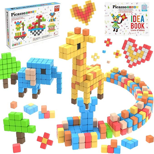 Picasso Cubes 1” Magnetic Puzzle Cubes 108 Piece Magnet Construction Building Block Set Sensory Toy Early Education STEM Learning, Free Ideabook with 50 Ideas, Children Age 3+ Boy Girl PMC108