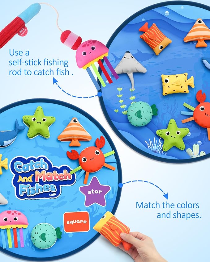 Coogam Montessori Toys for 1 2 3 Year Old, Cloth Fishing Game for Toddlers Gift, Color Sorting & Shape Learning Toys 6-12-18 Months, Toy for 1 Year Old Baby Birthday