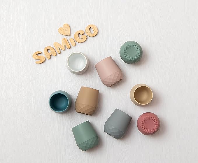 SAMiGO Silicone Baby Utensils - Self Feeding Spoons and Tiny Training Cup - First Stage Baby Led Weaning Supplies for 6 Months+ Infants - Set of 3