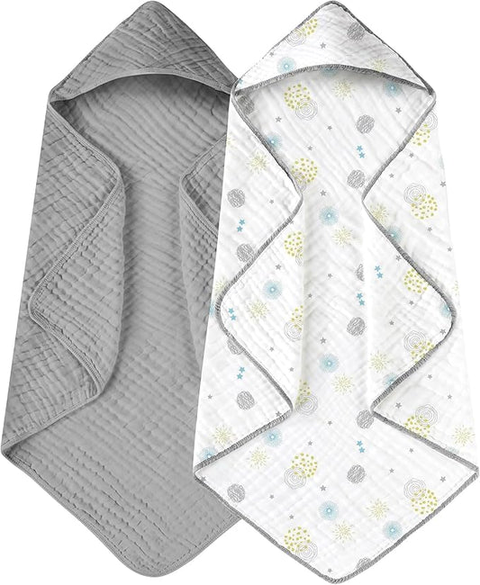 Yoofoss Hooded Baby Towels for Newborn 2 Pack 100% Muslin Organic Cotton Baby Bath Towel with Hood for Babies, Infant, Toddler and Kids, 32x32Inch, Soft and Absorbent Newborn Essential,Grey Flower