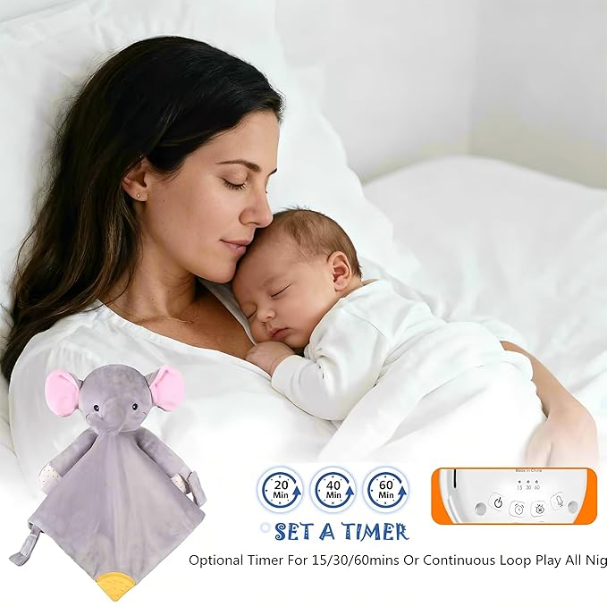 BEREST Elephant Baby Lovey Rechargeable Sleep Soother with 10 White Noises (Heartbeat, Shushing & Lullabies) & Cry Sensor|Timer|Recording|Plush Blanket Comforter Gift for Newborns|Infants|Boys & Girls