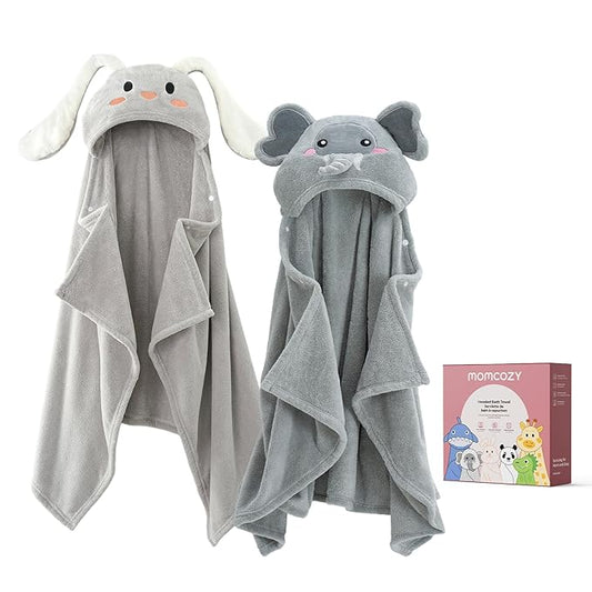 Momcozy Baby Bath Towels with Visualize Health Label - Ultra Soft & Absorbent Coral Fleece Hooded Towels for Newborn, Infant, Toddler (0-36 Months) Bath Essentials (Large Size,2 Pack)