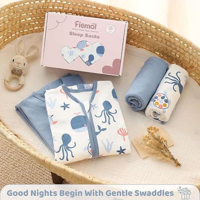 Baby Swaddle Sleep Sack 3-6 Months, Swaddles for Newborns Boy Girl, 3-Way Adjustable Infant Swaddle Wearable Blanket with Zipper & Detachable Wrap, 2 Pack Soft Snug Blue Whale