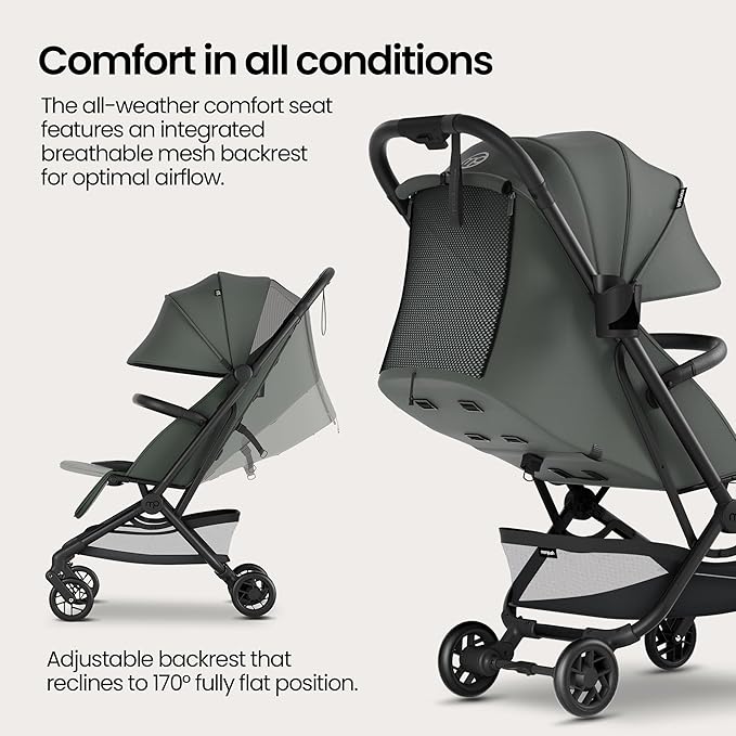 Mompush Velo Lightweight Travel Stroller, Compact & Airplane-Friendly for Baby and Toddler, Lie-Flat Seat, One-Hand Fold, with Leather Bumper Bar, Shoulder Strap, Raincover, Storage Bag & Cup Holder