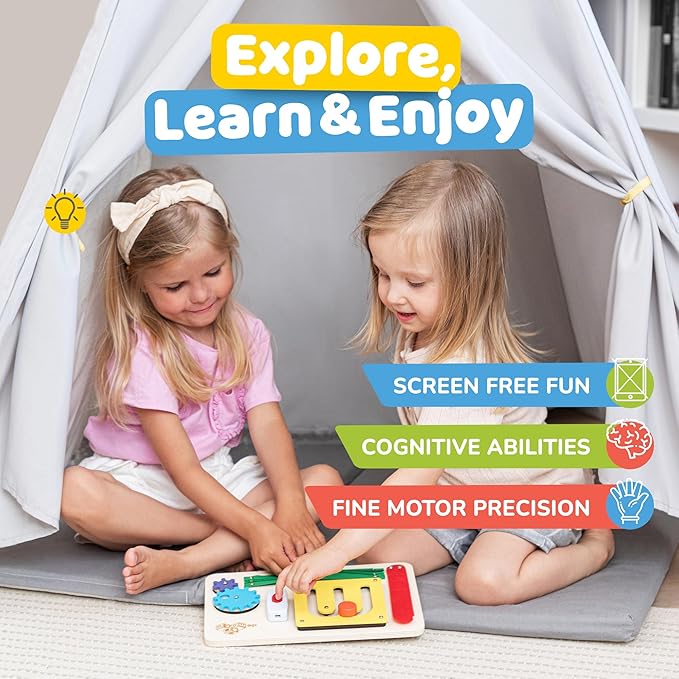 deMoca Sensory Busy Board for Toddlers, Premium Wooden Toddler Busy Board for 1 2 3 Year Old with 10 Educational Activities for Fine Motor Skills, Fidget Activity Toy for Travel Toy (Color)