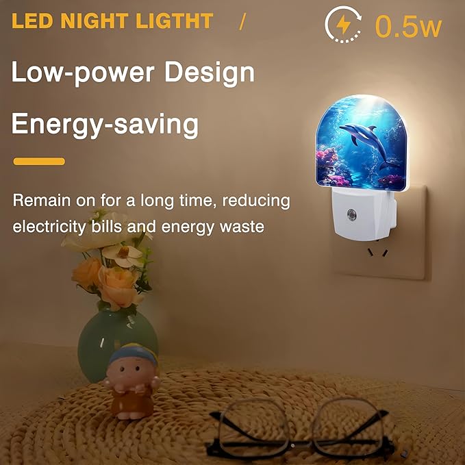 Night Light, Underwater World and Dolphin Night Lights Plug into Wall Dusk to Dawn Sensor Round Nightlight for Women Men Energy Efficient Led Lamp 0.5W for Stairway Hallway Bedroom