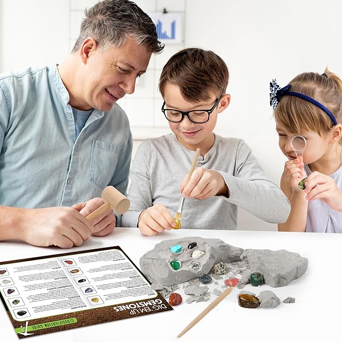LotFancy Gemstone Dig Kit, Excavate 20 Real Gems, Science Kit for Kids Age 8-12, Educational Toy, Birthday Gift for Boys Girls with Mining Tools