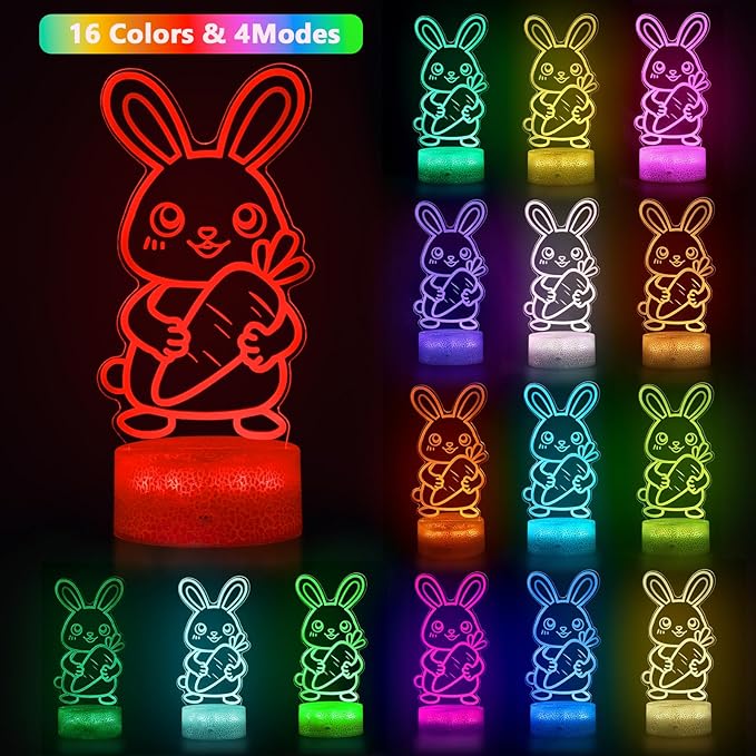 Cute Rabbit Night Light,Bunny 3D Lamp Girls Room Decor 16 Colors Changing for Kids Gifts for Christmas Birthday