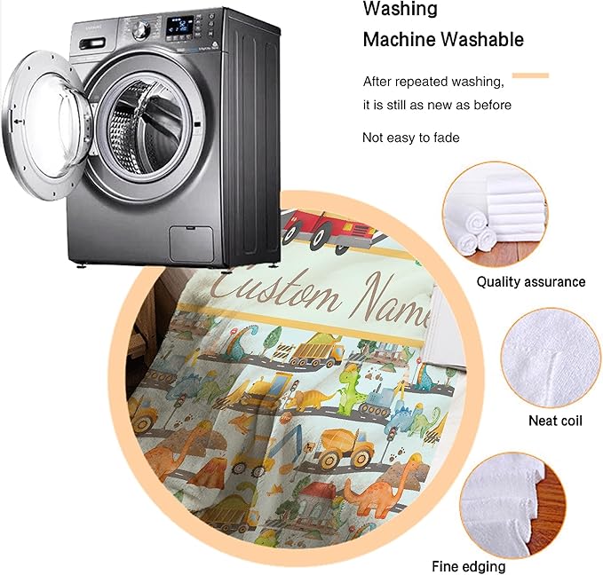 Personalized Dinosaur Fire Truck Custom Baby Blanket with Name - Swaddle Blanket for Toddlers & Infants - Shower Gift