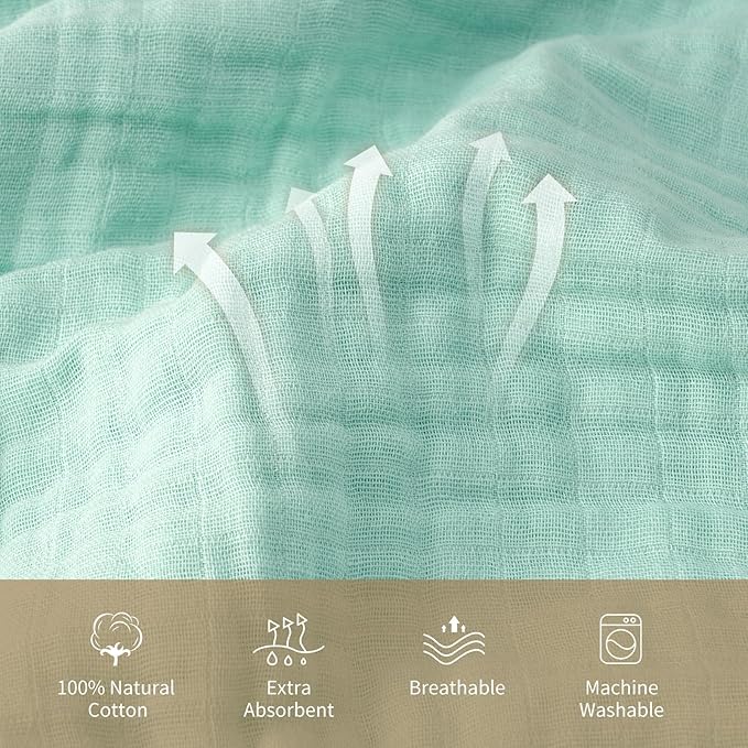 david's kids 2 Pack Hooded Baby Towels, 100% Muslin Cotton 6-Layer Ultra Soft Breathable Absorbent Baby Bath Towels for Infant and Toddler, Newborn Essentials, Large 32x32Inch, Beige & Green