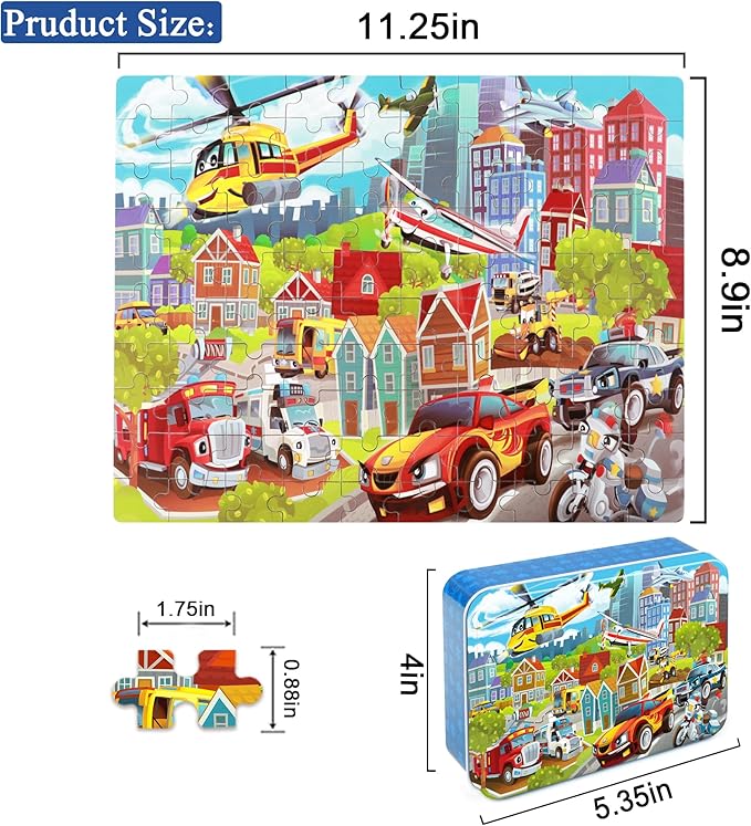 LELEMON Puzzles for Kids Ages 4-8 Transportation Vehicles Jigsaw Puzzles for Kids Boys Girls 100 Pieces Fire Truck Car Learning Educational Puzzles in a Metal Box