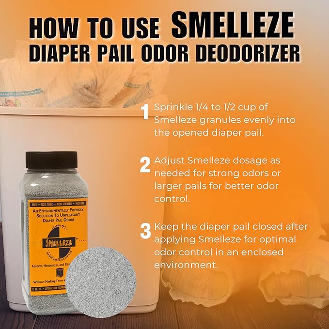 SMELLEZE Diaper Pail Deodorizer, Odor Eliminator for Diaper Pail, Baby Poop Deodorizer & Human Urine Odor Eliminator, Deodorizes Infant & Adult Diaper Pails - 2 lb. Granules