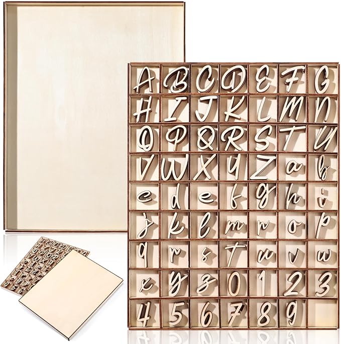 Geelin 248 Pcs 1 Inch Wood Alphabet Letters Numbers with Storage Box Blank Unfinished Wooden Letters Numbers with Rustic Storage Tray for Spelling Learning Education DIY Crafts(Rollerscript)