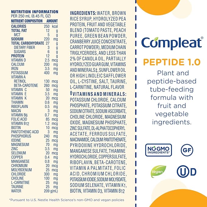 Nestle Compleat Peptide 1.0 Tube Feeding Formula Vegetable/Fruit Medley Flavor 250 mL Carton 24 Ct