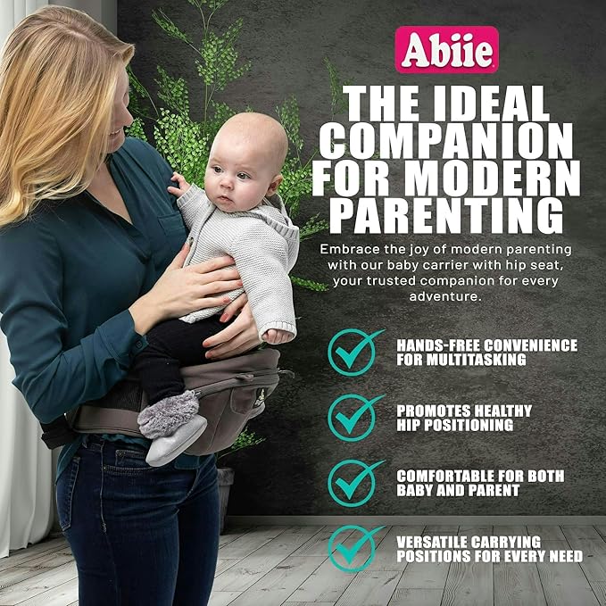 Abiie HUGGS 3-in-1 Baby Carrier with Hip Seat - Front Facing, Hip Hugger, Back Baby Carrier - Healthy Sitting (M) Position, 3 Mos.-Toddler - Buckle Type Closure - Approved by US Safety Standards