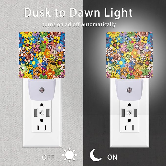Hippies Flowers Night Light,Hippie Night Lights Plug into Wall 0.5W Sleep Friendly for Boys Girls Led Night Light Dusk to Dawn Sensor Nightlight for Stairway/Hallway/Bedroom