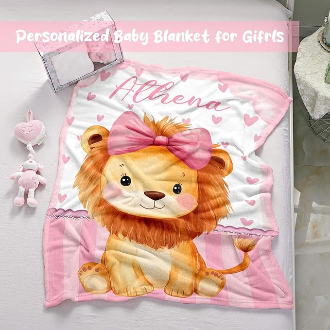 Personalized Baby Blanket for Girls, Custom Baby Blanket with Name, Soft Cozy Personalized Name Blankets for Kids, Customized Lion Blanket for Infant Toddler Birthday Christmas