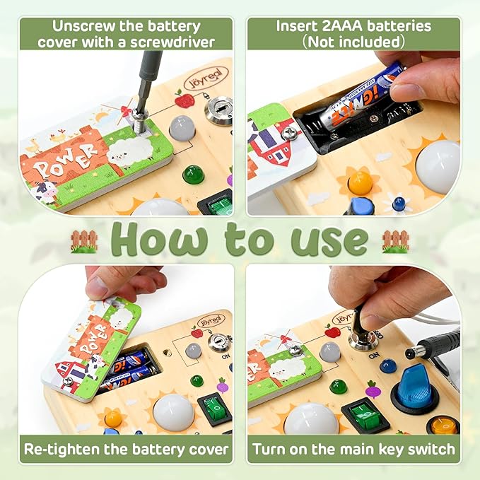 Joyreal Montessori Busy Board Wooden Sensory Toys for Toddler with LED Light Up Switch, Baby Fidget Board Travel Toys for 18+ Months, 1 2 3 Year Old Boys Girls Toddler Toy Gifts (Farm)