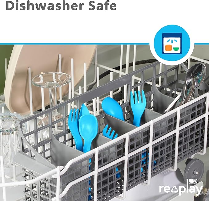 Re-Play Toddler Forks and Spoons Set - 4x4 Utensils Set for Kids - Dishwasher and Microwave Safe - Made in USA - Pack of 8-5.8" x 1.2" x 0.2" - Modern Blue