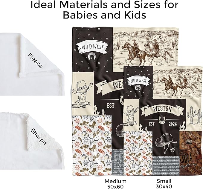 MDPrints Western Personalized Baby Blankets for Boys, Custom Baby Name Blanket, Customized Newborn Boy Gift, Woodland Nursery Decor