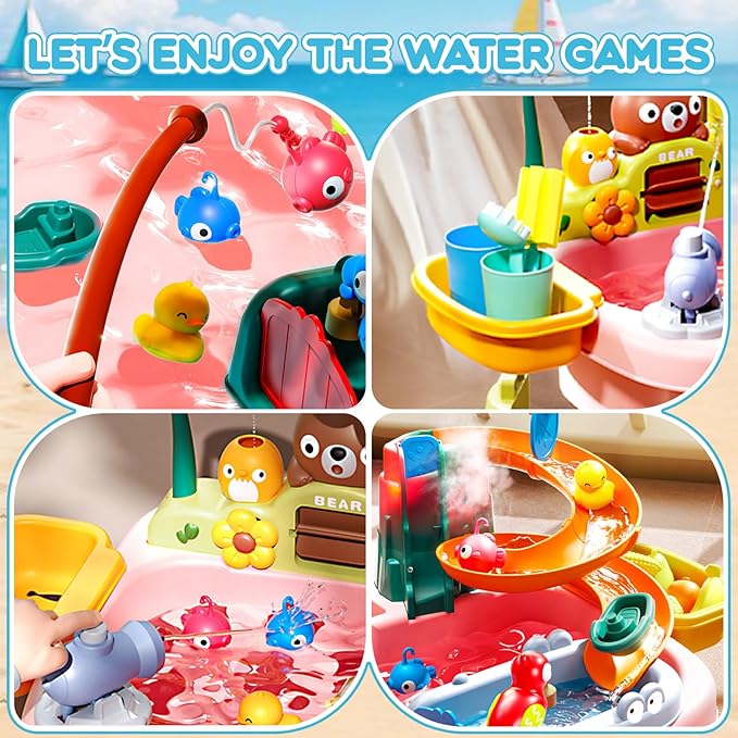 2026 Upgraded Toddler Sand Water Table Toy with Electric Water Pump, Kids Sand Water with Faucet/Play Food Accessories/Fishing Toy, Kitchen Play Sink Toys for Girl Boy Age 3+ (Pink)