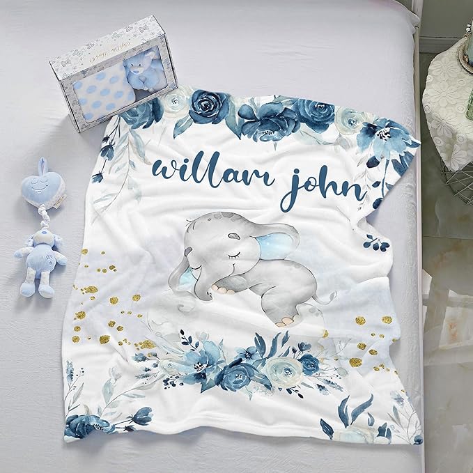 J&SBGFT Personalized Baby Blanket for Boys - Custom Name Receiving Blanket for Toddlers, Kids - Nursery, Stroller, Crib Decor Throw - Blue Elephant Sleeping