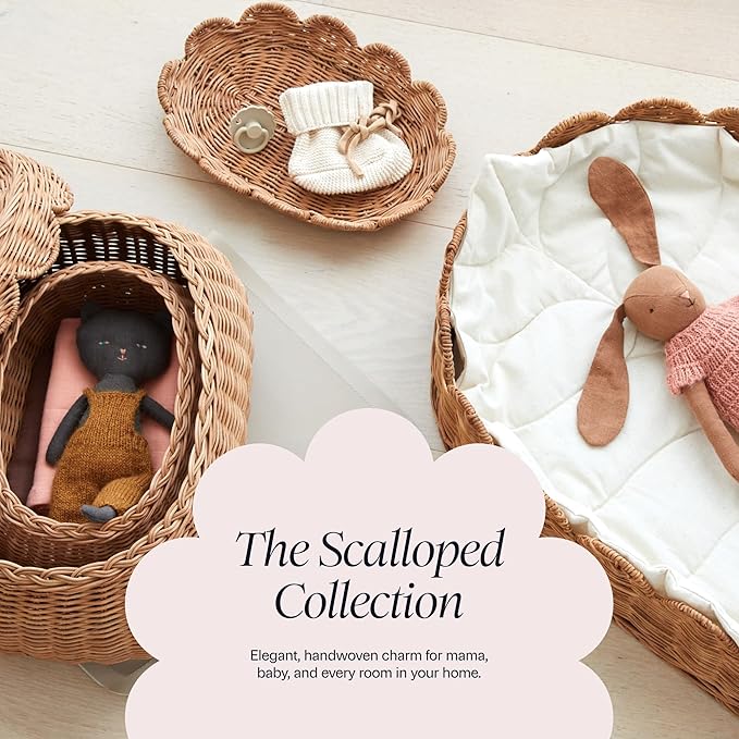 BEBE BASK Premium Baby Diaper Caddy Organizer - Handmade & Award-Winning Scalloped Rattan Basket - Luxury Diaper Caddy Basket - Elegant Scalloped Edge (Mocca)