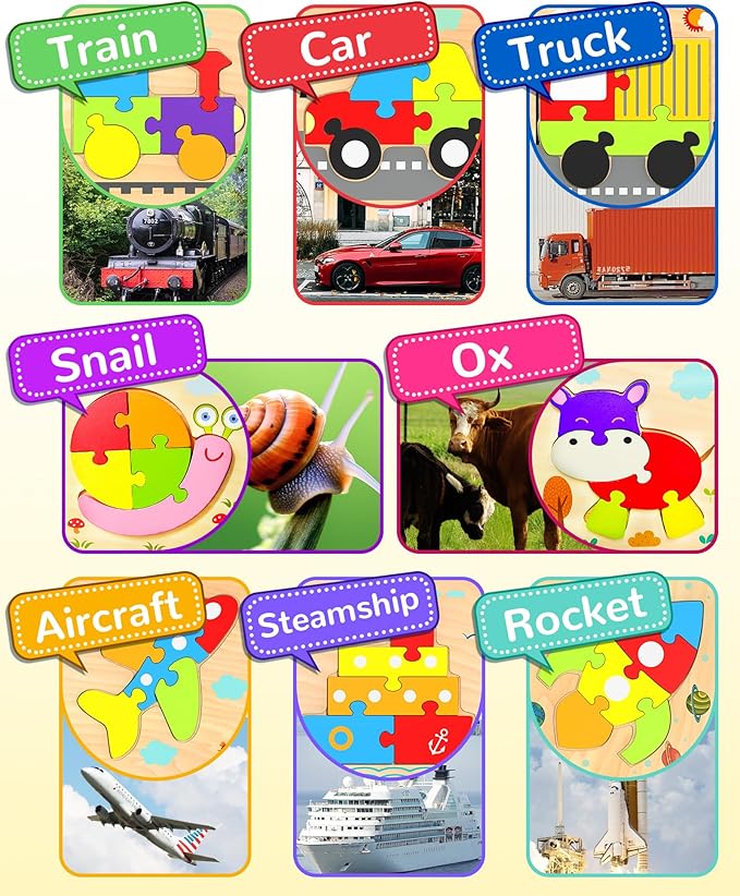 Yetonamr Wooden Toddler Puzzles Gifts Toys for Boys Girls, 8 Vehicle Shape Montessori Toy Educational Blocks Kids Toys Gift Baby Learning Toy