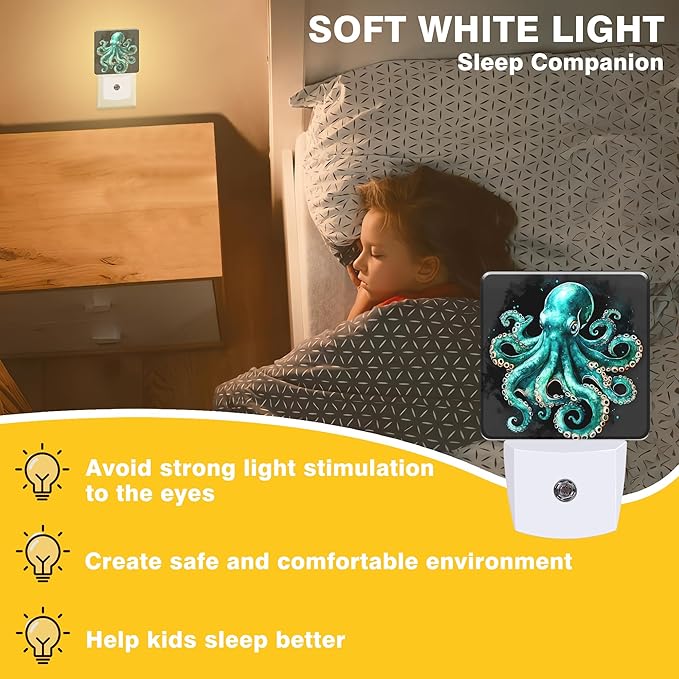 Green Octopus Night Light, Ocean Sea Animal Plug-in Nightlight with Dusk to Dawn Auto Sensor for Home Bedroom Hallway Kitchen 0.5W Sleep Friendly Led Lamp for Women Men