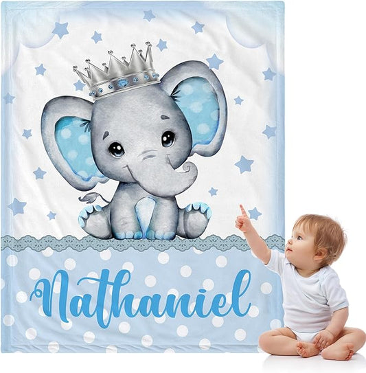 J&SBGFT Personalized Baby Blanket for Boys, Customized Name Blanket for Toddlers Kids Nursery Stroller Crib Decor Throw, King Elephant