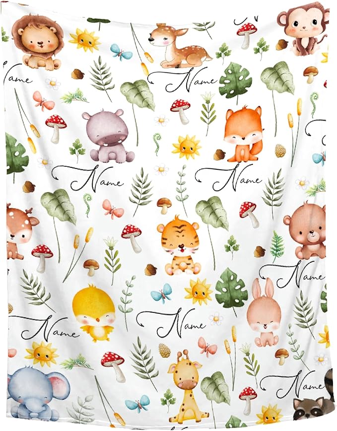 Personalized Baby Blanket for Girls Boys Animals Fox Custom Baby Blanket with Name Swaddle Blanket for Toddlers Infants Kids Shower Newborns Nursery Stroller Crib Decor Throw Birthday Gift