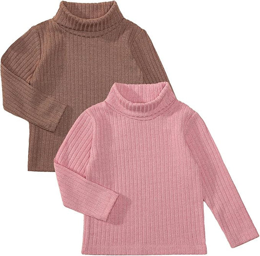 DEFAHN 2 Pack Toddler Unisex Solid Turtleneck T-Shirt Long Sleeve Ribbed Sweatshirt Basic Tee Tops Girls Boys